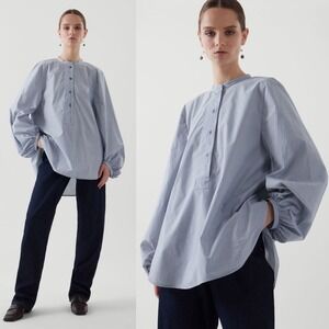 COS Sz 14 Pinstripes Balloon Sleeve Button Front Blouse 100% Cotton Minimalist